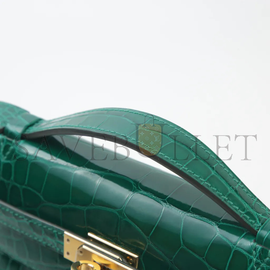 HERMÈS MASTER KELLY POCHETTE VERT EMERAUDE CROCODILE LEATHER GOLD BUCKLE (22*14*7cm)